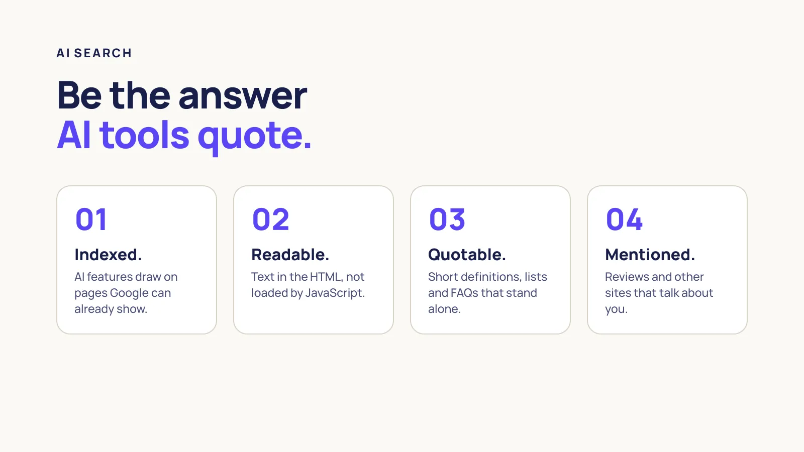 Four steps to being cited by AI tools: indexed, readable, quotable and mentioned